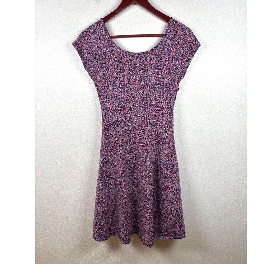 SO Dress Medium Fit and Flare Blue Pink Floral Cutout Back Skater Dress